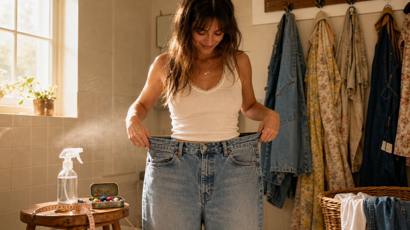 Mulher a experimentar jeans largos numa divisão com luz natural e roupas penduradas ao fundo.