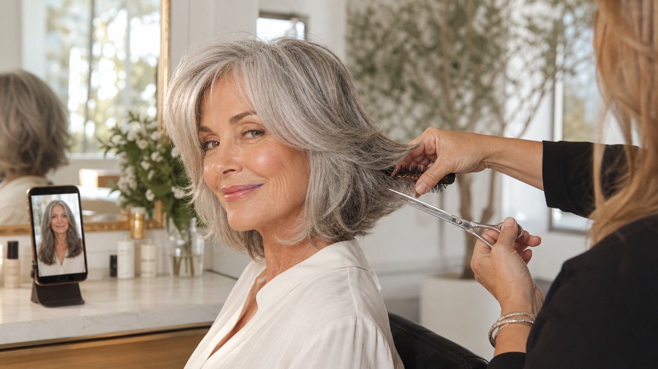 Mulher sorridente a cortar o cabelo cinzento num salão moderno com espelho e telemóvel a mostrar o resultado.