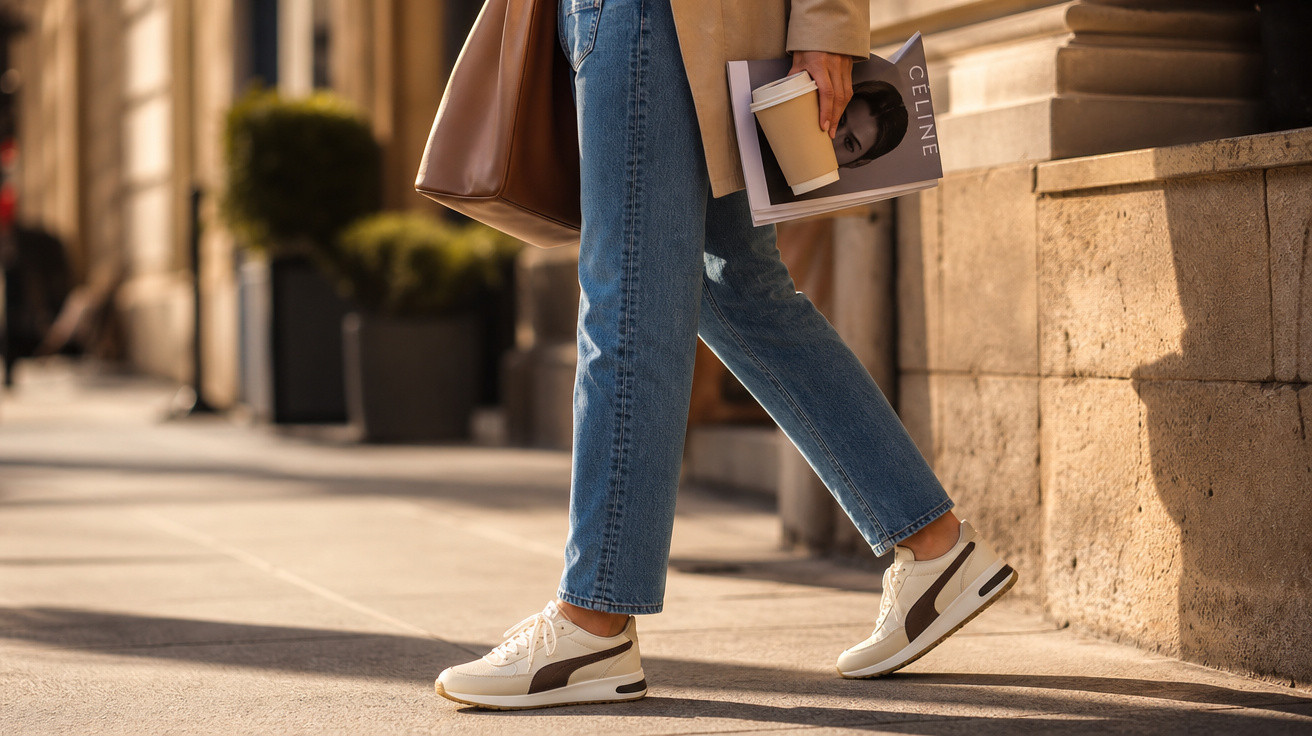 Pessoa de jeans e casaco castanho a caminhar numa rua urbana, segurando café e revista de moda.