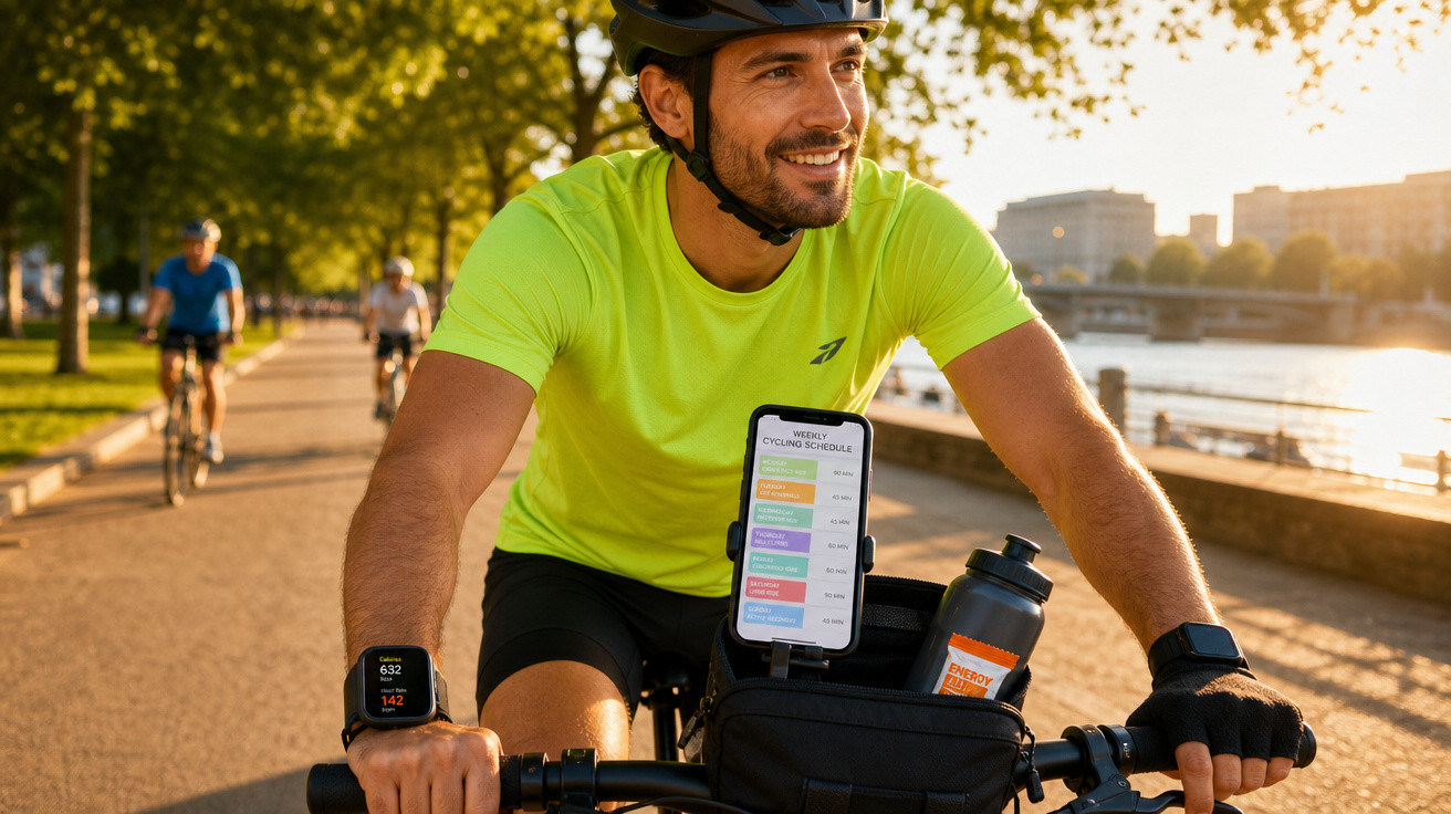 Homem sorridente de bicicleta com colete amarelo e capacete, com smartphone e garrafa na frente da bicicleta.