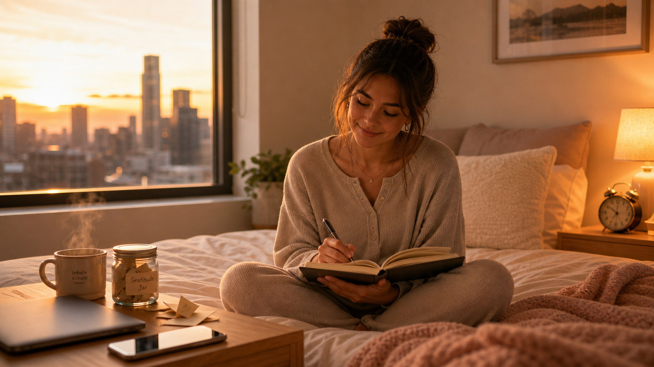 Mulher sentada na cama a escrever num caderno, ao pôr do sol, com chá e smartphone na mesa ao lado.