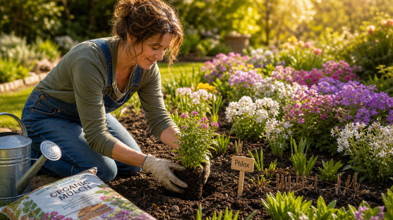 Mulher a plantar flores num jardim florido ao ar livre, com regador e saco de fertilizante orgânico.