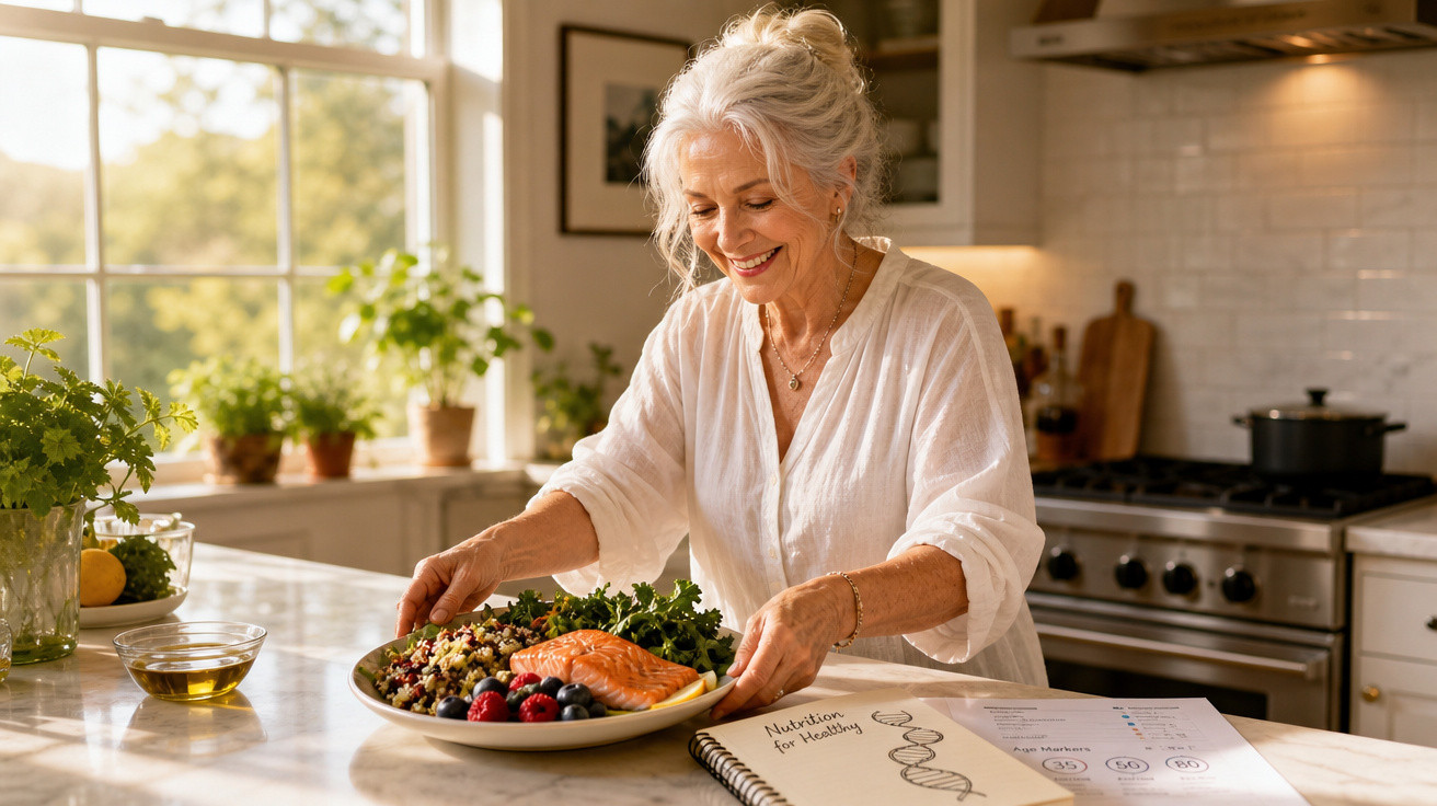 Mulher idosa a sorrir enquanto prepara um prato saudável com salmão e frutos vermelhos na cozinha.