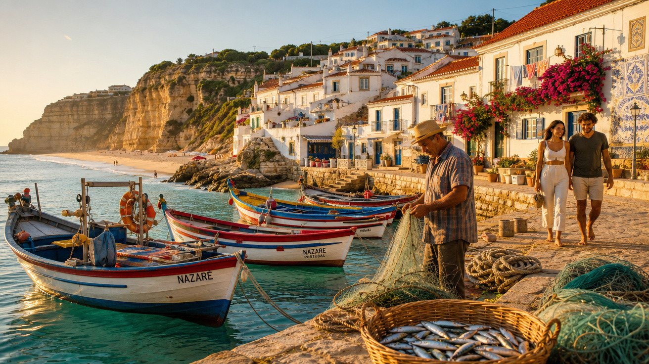Pescador junto ao cais a arrumar redes, barcos coloridos ancorados e casal a passear em Nazaré, Portugal.