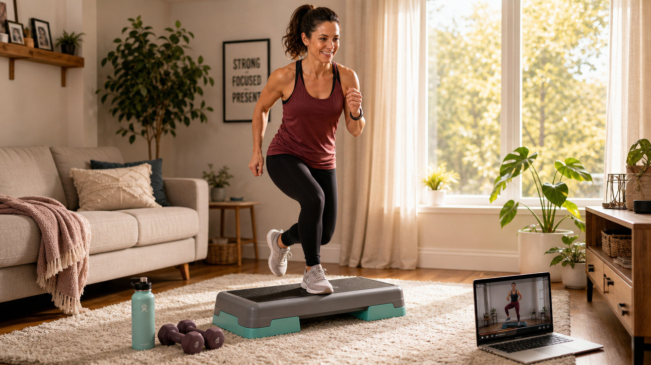Mulher a fazer exercício de step em casa durante workout online, usando roupas desportivas, sorrindo.