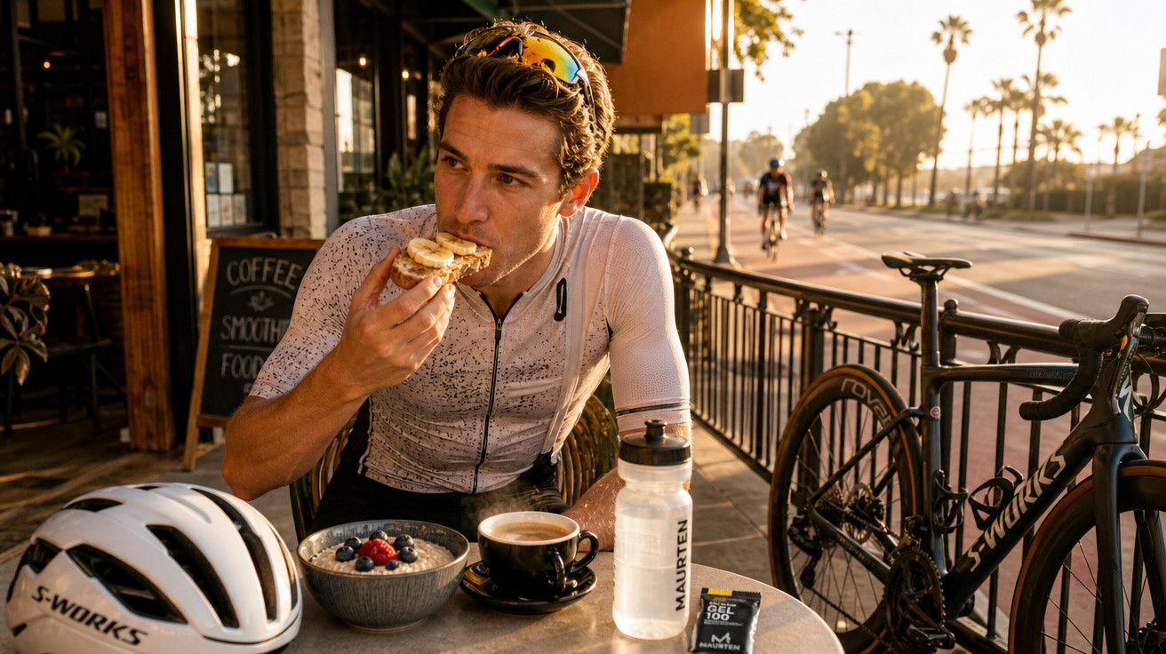 Homem ciclista sentado numa esplanada a comer uma tosta com banana e a beber café de manhã cedo.