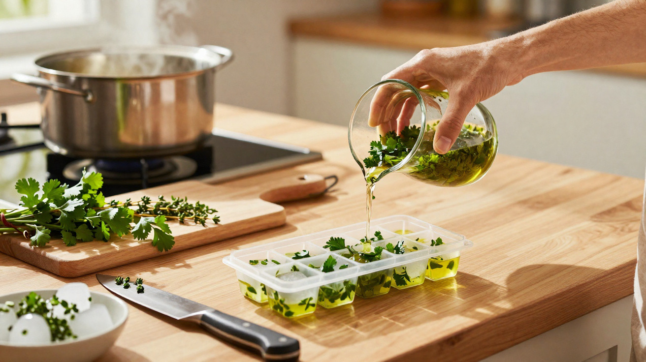 Pessoa a verter azeite com ervas aromáticas em formas de gelo numa cozinha iluminada.