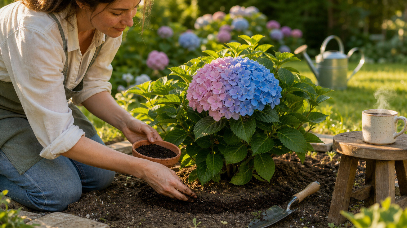 Mulher a plantar flores num jardim, com uma regadora e uma chávena de chá ao lado.