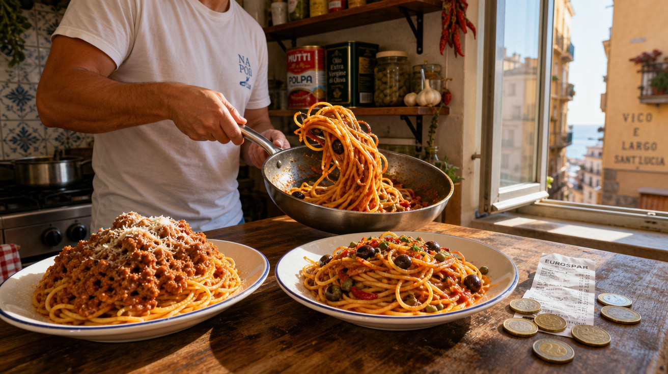 Pessoa a servir spaghetti com molho num prato, com dois pratos de massa, moedas e talão numa mesa junto a janela.