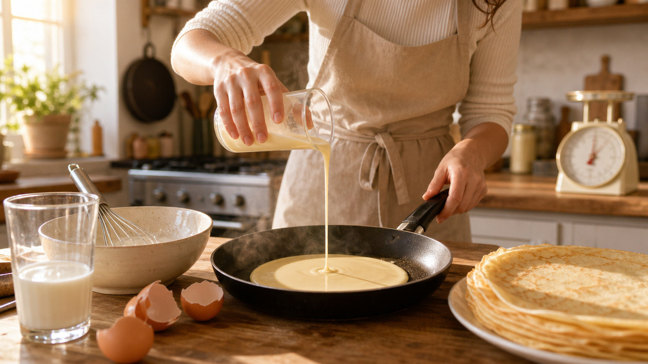 Pessoa a verter massa de panquecas numa frigideira numa cozinha com utensílios e panquecas prontas.