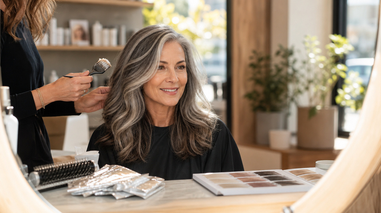 Mulher com cabelo grisalho a sorrir sentada num cabeleireiro enquanto é feita coloração no seu cabelo.