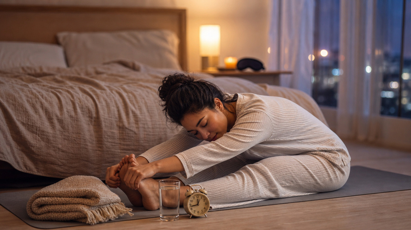 Mulher em pijama alonga-se no tapete ao lado da cama com alarme e copo de água no chão, à noite.