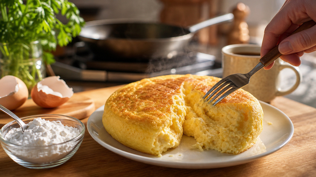 Omelete fofo e quente num prato branco com mão a partir uma parte com garfo numa cozinha.
