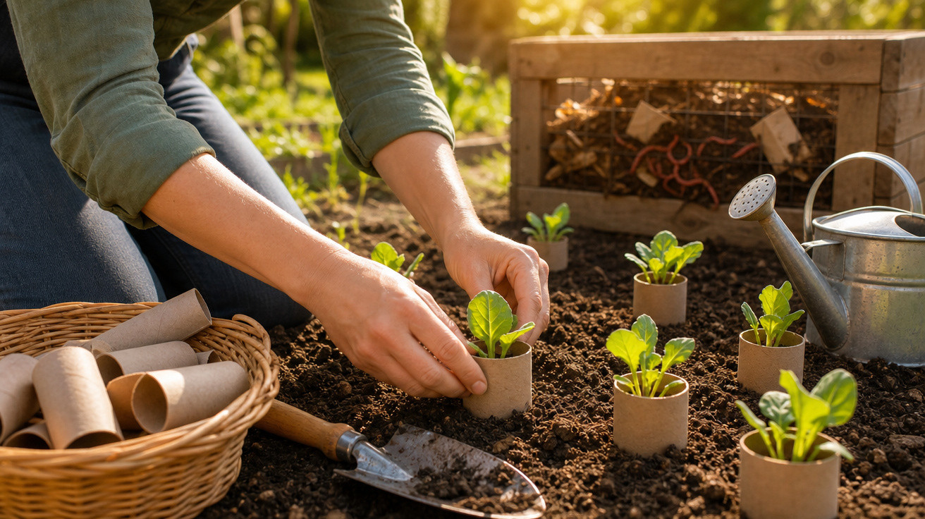 Pessoa a transplantar pequenas plantas verdes em vasos feitos com rolos de cartão no solo de um jardim ensolarado.