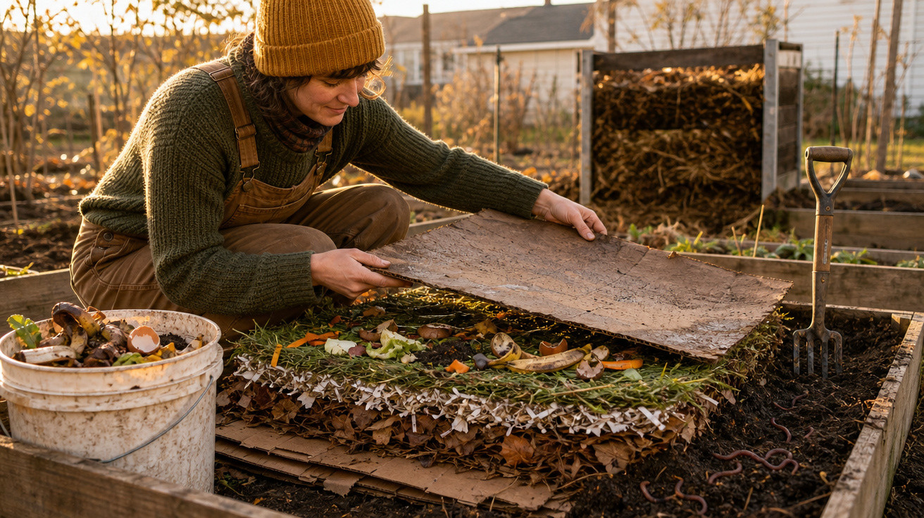 Pessoa a levantar uma camada de folhas e compostos orgânicos para fazer compostagem num canteiro de jardim.