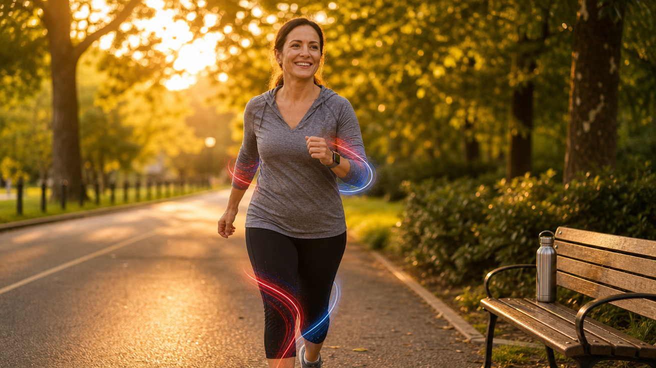 Mulher a correr em parque ao entardecer com luz suave, vestindo roupa desportiva cinzenta e preta.