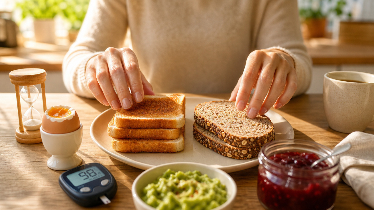 Pessoa a escolher entre pão integral e torradas com um ovo cozido, compota e abacate ao pequeno-almoço.