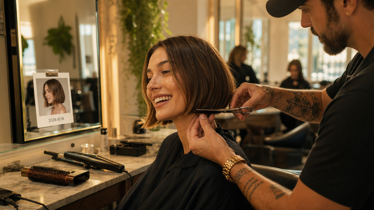 Mulher sorridente a cortar o cabelo num salão, enquanto o cabeleireiro lhe faz um corte bob.