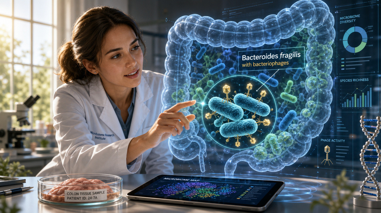 Investigadora analisa colón humano holográfico com bactérias e bacteriófagos em laboratório moderno.