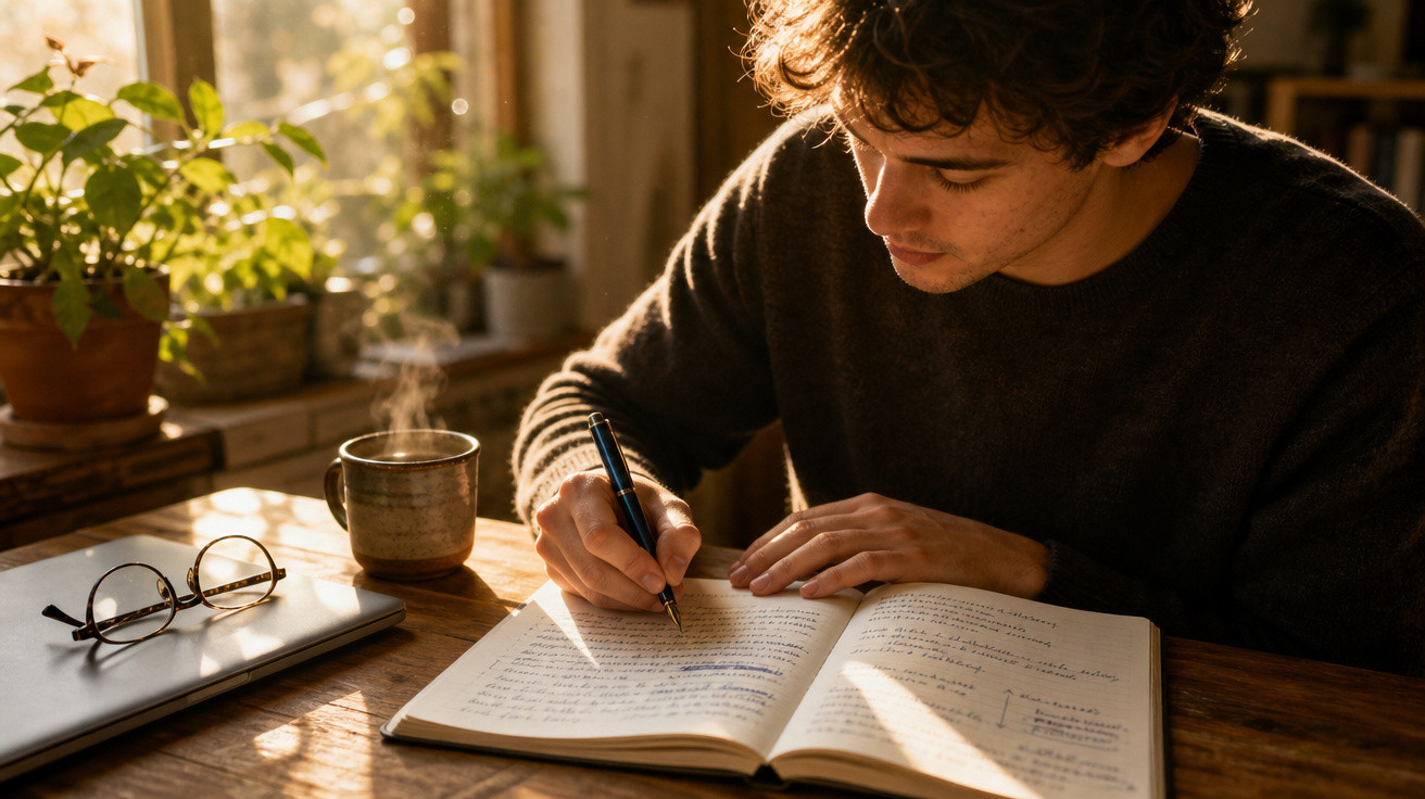Jovem sentado à mesa a escrever num caderno aberto, com óculos, computador e chá quente ao lado, luz natural.