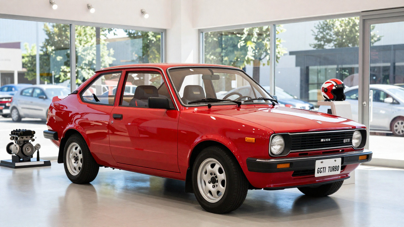 Automóvel vermelho clássico Datsun 120Y GTTi Turbo exibido em sala moderna com janelas amplas.