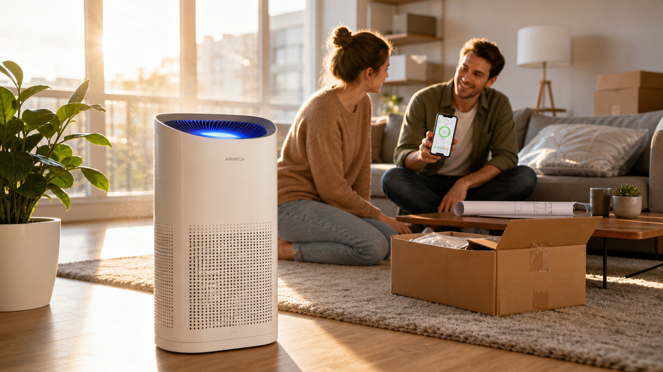 Purificador de ar branco ligado numa sala com um casal a conversar no chão junto a uma caixa de cartão aberta.