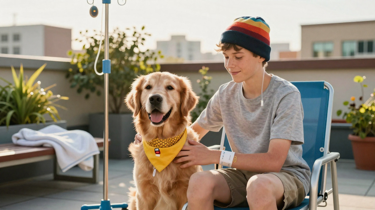 Menino sentado a acariciar um cão golden retriever com bandana amarela num terraço ensolarado.