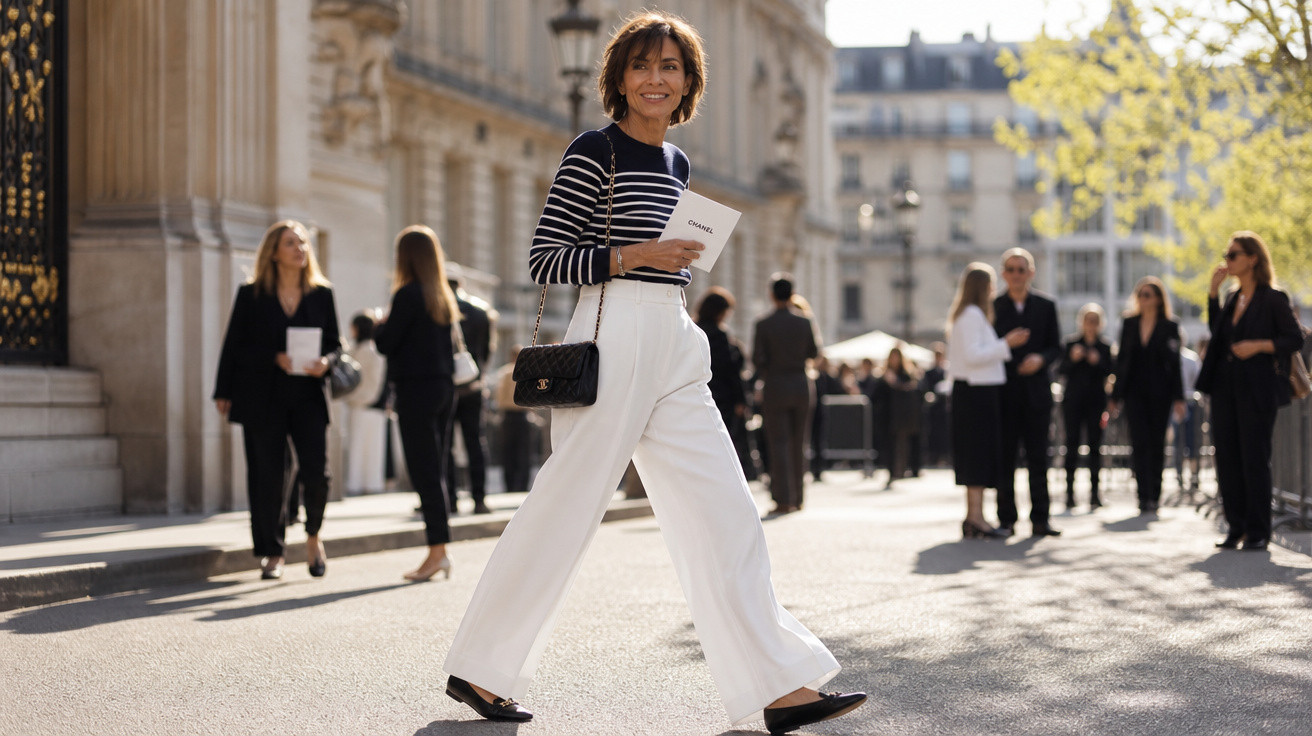 Mulher sorridente a caminhar na rua com calças brancas e camisola às riscas, segurando um folheto Chanel.