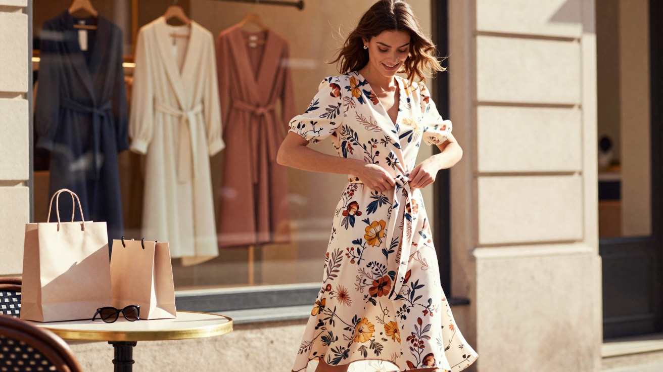 Mulher sorridente a ajustar vestido floral à frente de montra com vestidos pendurados e sacos de compras numa mesa.