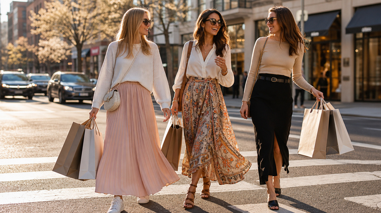 Três mulheres a atravessar a rua com sacos de compras numa tarde ensolarada, vestidos e saias elegantes.