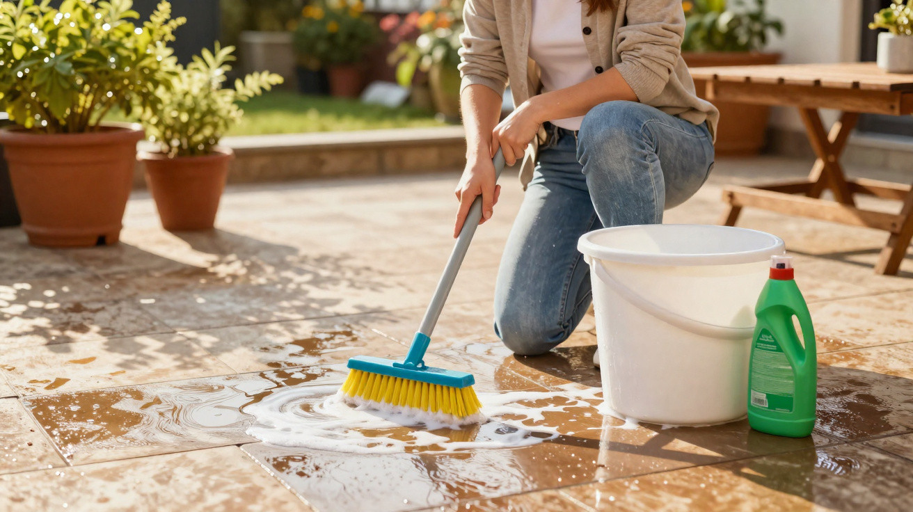 Pessoa a limpar um terraço de azulejos com escova, balde branco e detergente verde ao lado.