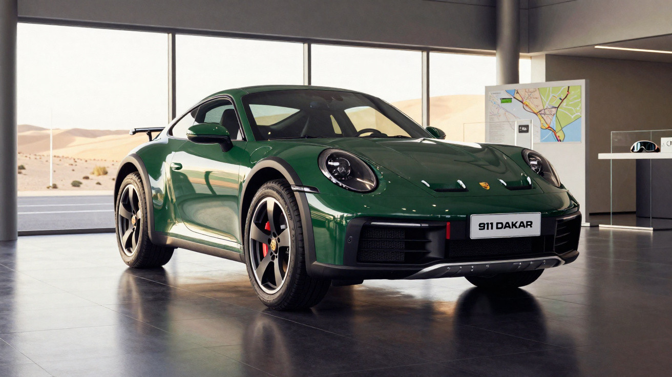 Automóvel desportivo Porsche 911 Dakar verde num showroom com vista para deserto.