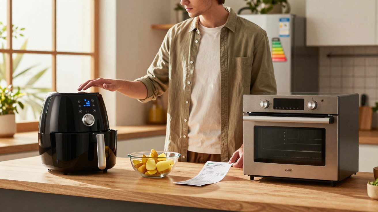 Homem utiliza fritadeira air fryer numa cozinha moderna com olhos de batata e forno elétrico ao lado.