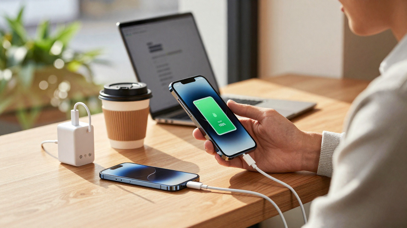 Pessoa a carregar dois telefones móveis com cabos numa secretária junto a um computador portátil e um copo de café.