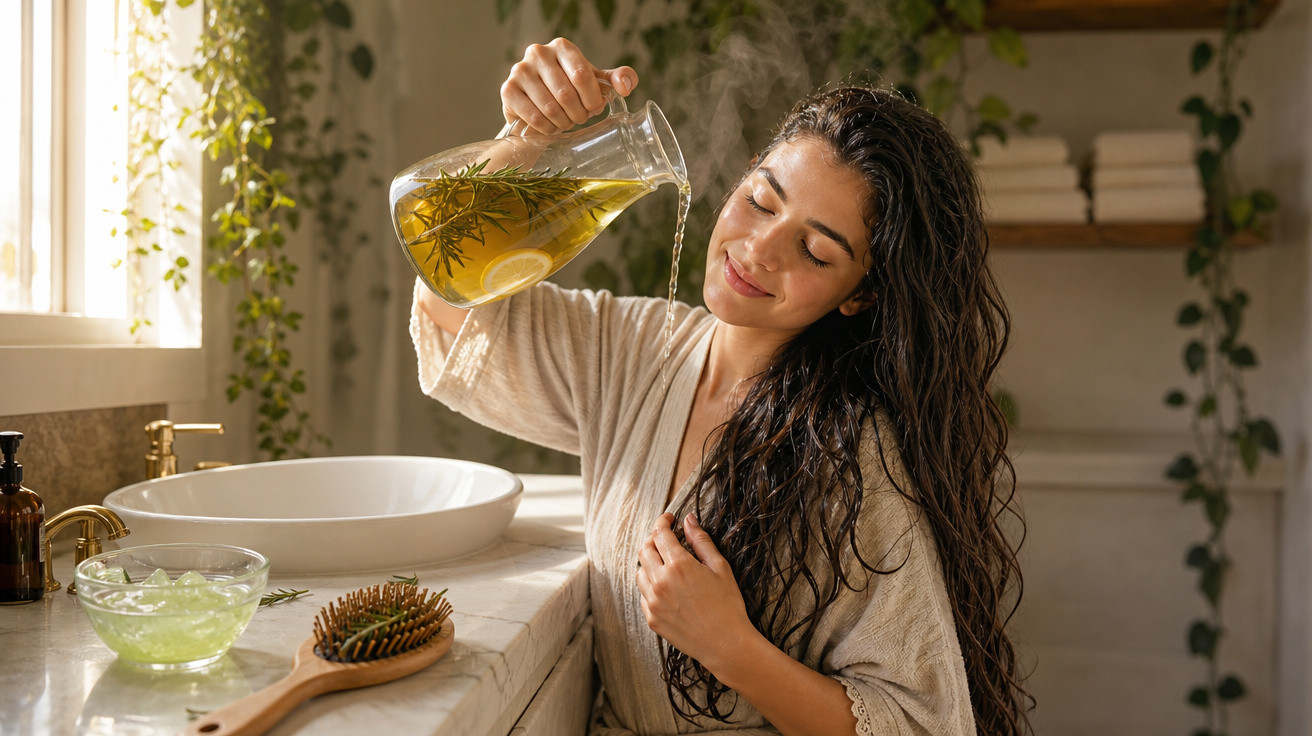 Mulher a aplicar infusão natural no cabelo numa casa de banho luminosa e decorada com plantas.