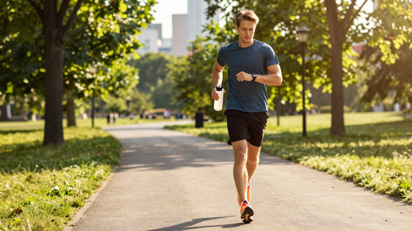 Homem a correr num parque urbano com árvores e edifícios ao fundo, segurando uma garrafa.
