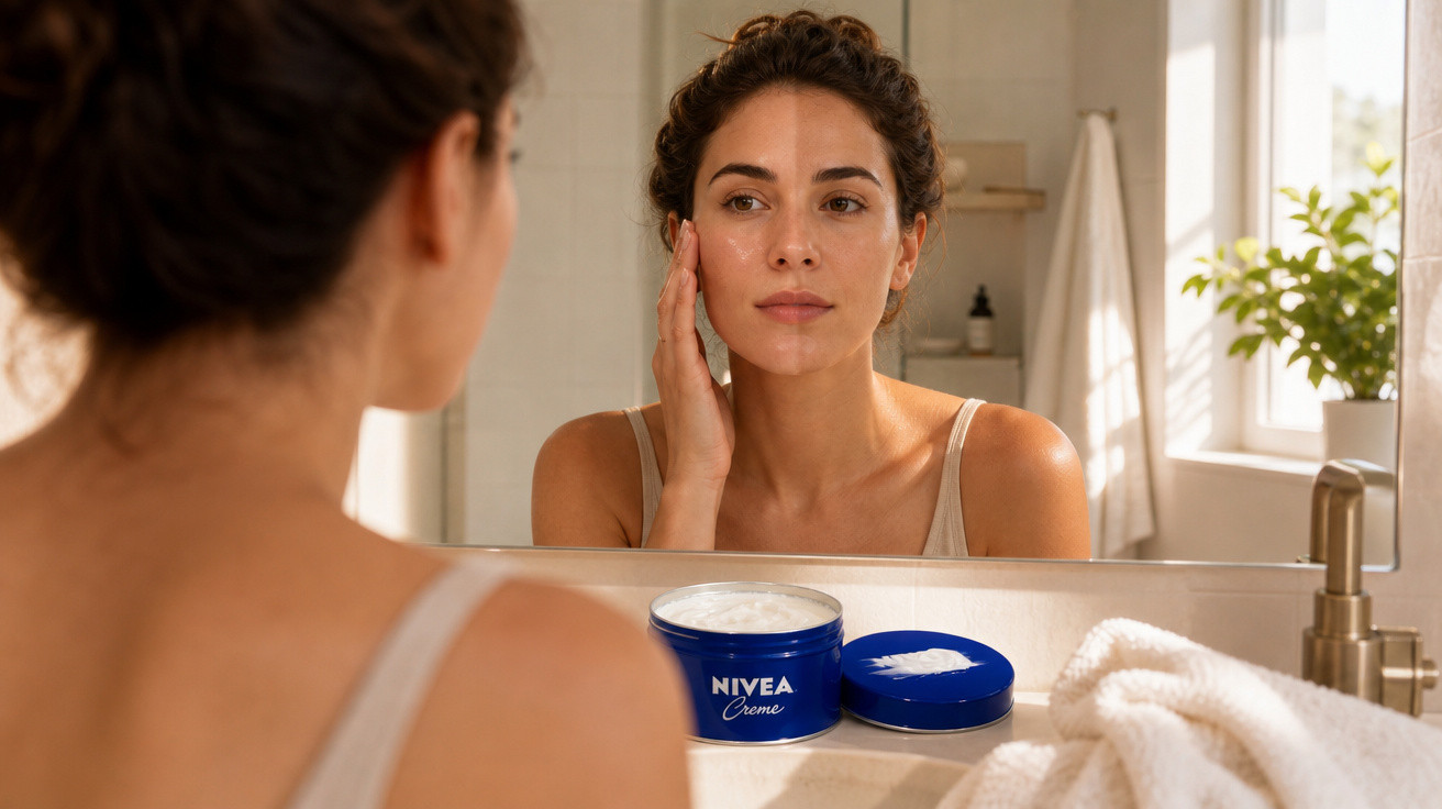 Mulher aplica creme Nivea no rosto enquanto se olha ao espelho numa casa de banho iluminada.