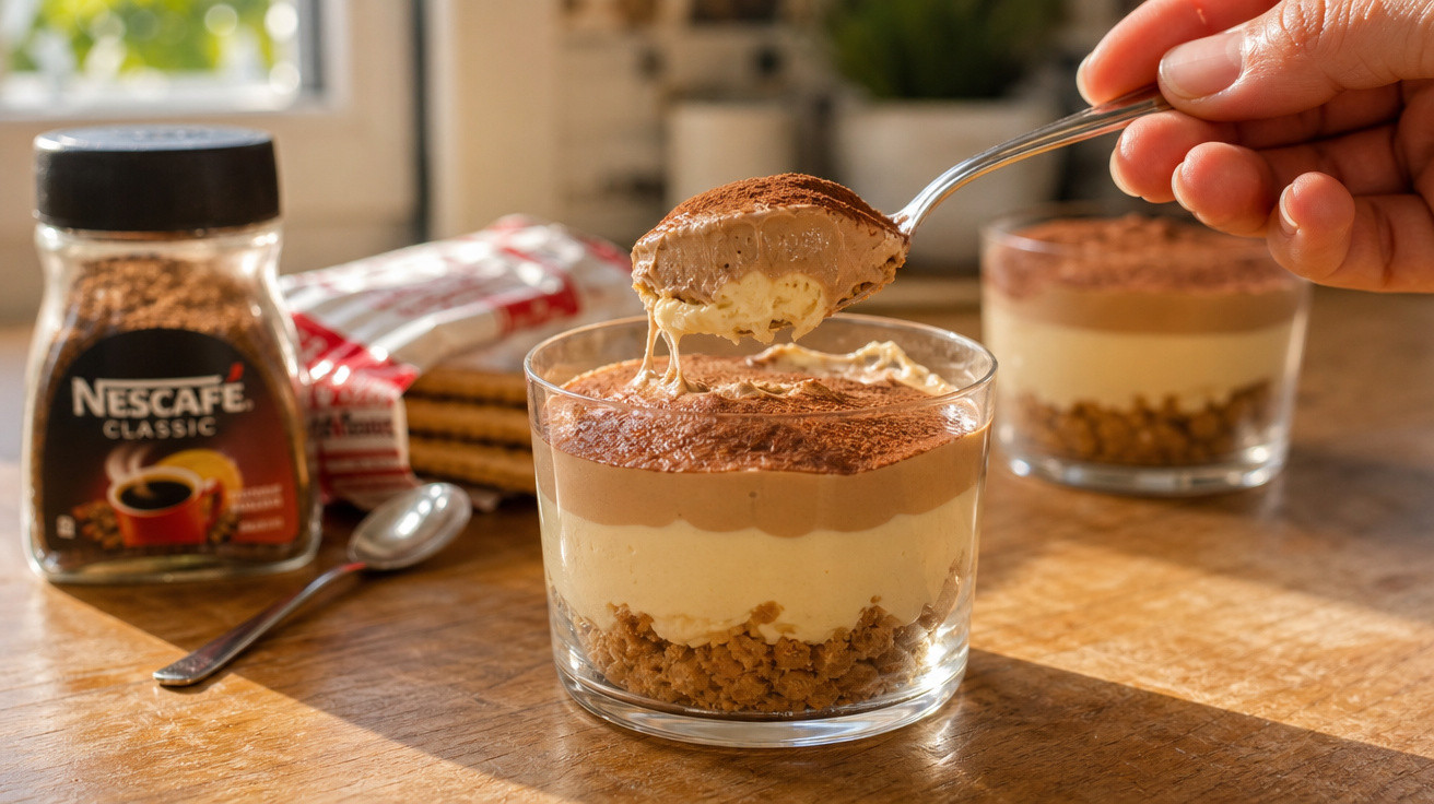 Mãos a colher sobremesa cremosa com camadas de bolacha, creme e cacau em copo transparente numa mesa de madeira.