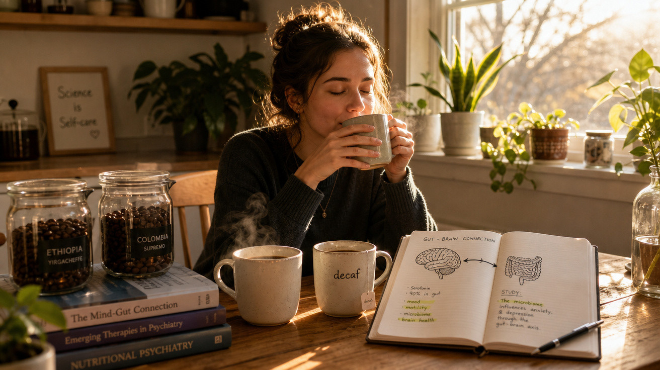 Mulher a saborear chá numa cozinha com livros, jarros de café e caderno aberto com desenhos científicos.