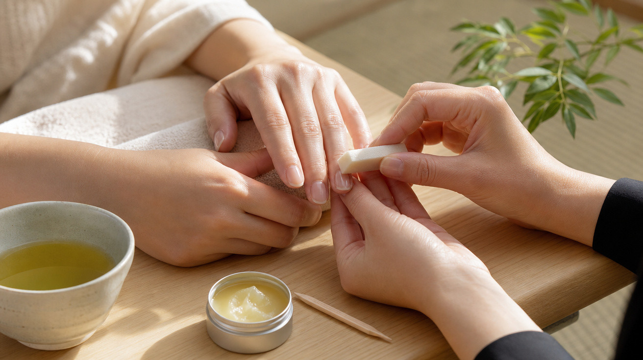Pessoa a cuidar das unhas de outra com bloco polidor, creme e chá numa mesa de madeira clara.
