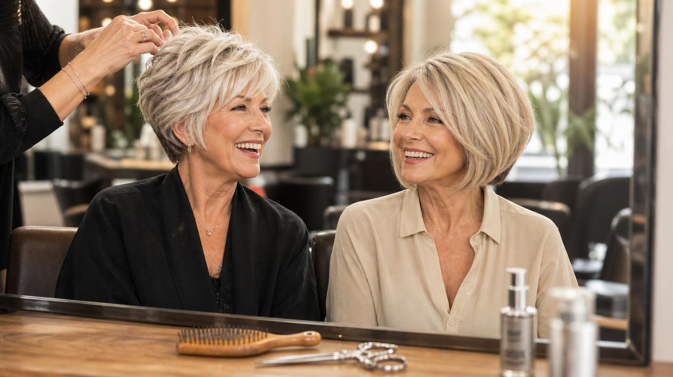 Duas mulheres maduras sorrindo sentadas em salão de cabeleireiro enquanto uma recebe penteado.