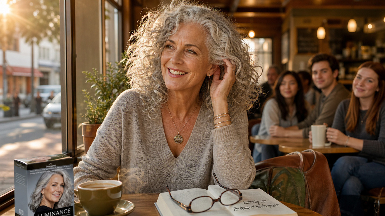 Mulher sorridente com cabelo grisalho encaracolado sentada num café, com livro e chá à sua frente.