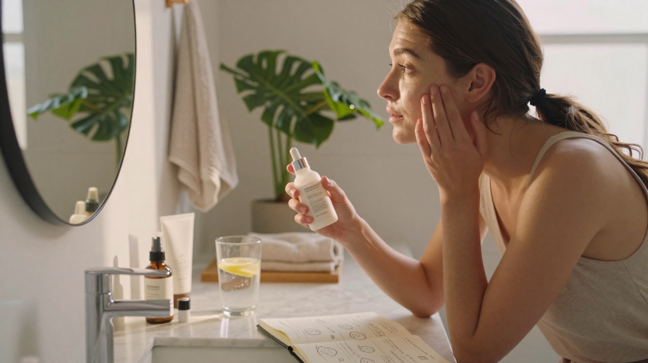 Mulher aplica sérum no rosto em casa, diante de espelho, com produtos de beleza e caderno no lavatório.