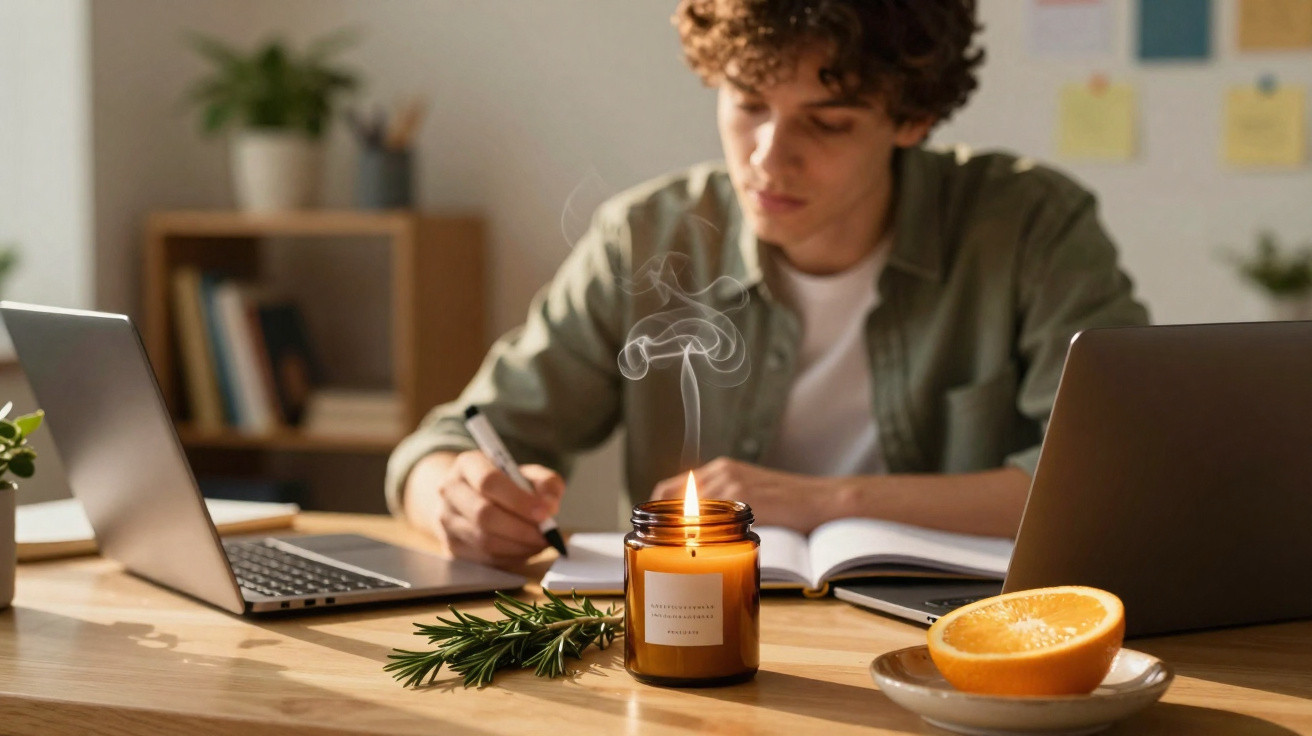 Jovem a estudar numa mesa com computador, caderno, vela acesa, ramo de ervas e metade de laranja.