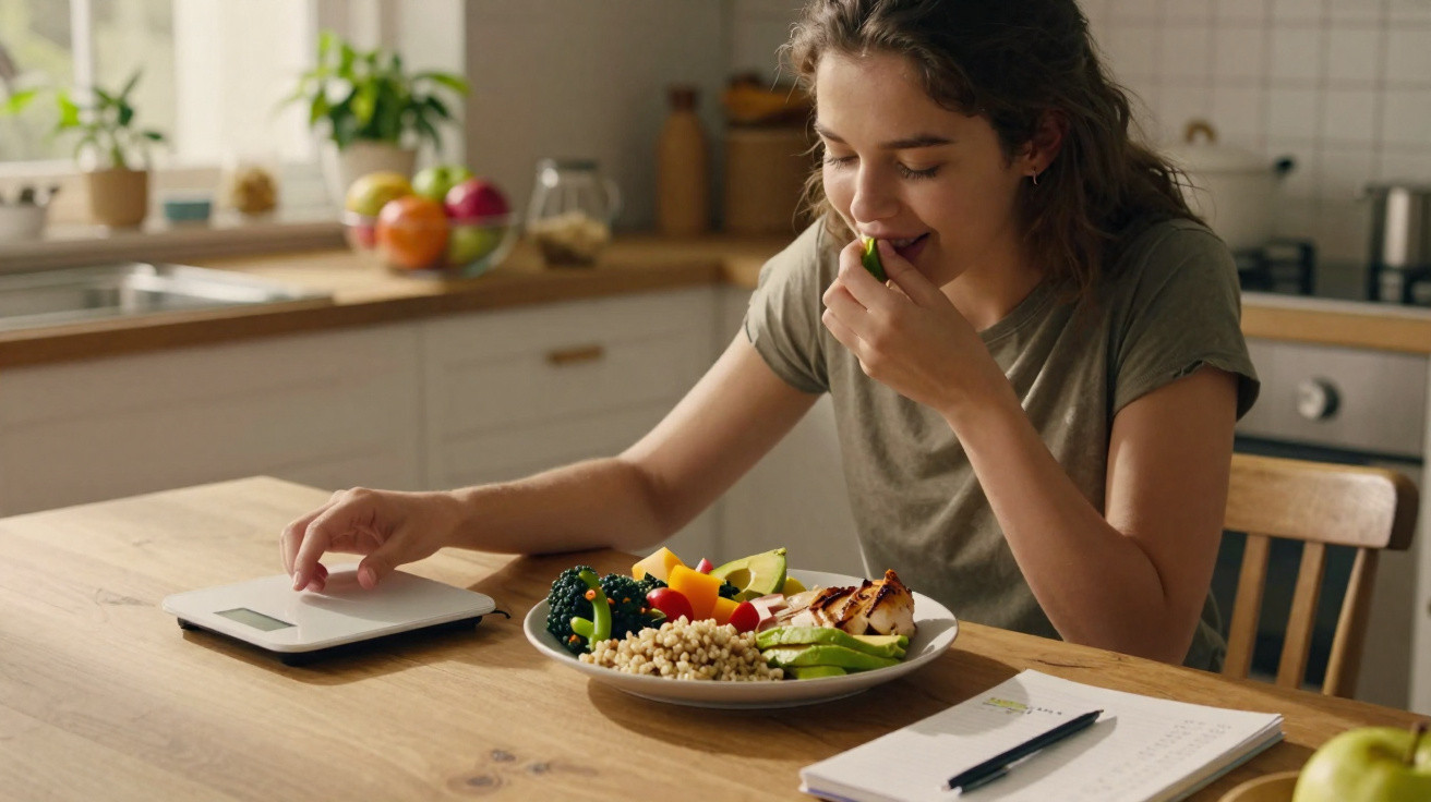Mulher a comer alimentos saudáveis enquanto controla o peso numa balança digital na cozinha.