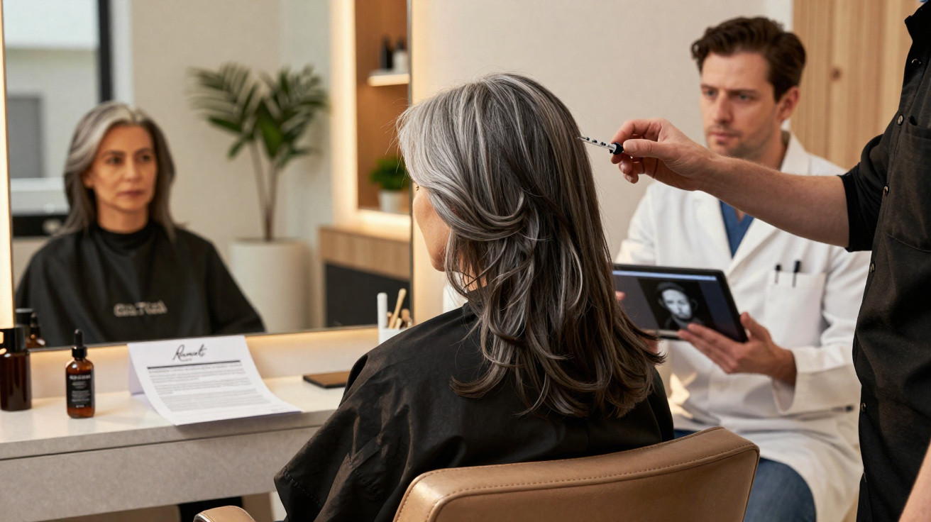 Mulher com cabelo grisalho sentada num salão de beleza, enquanto um profissional mede o cabelo à sua frente.