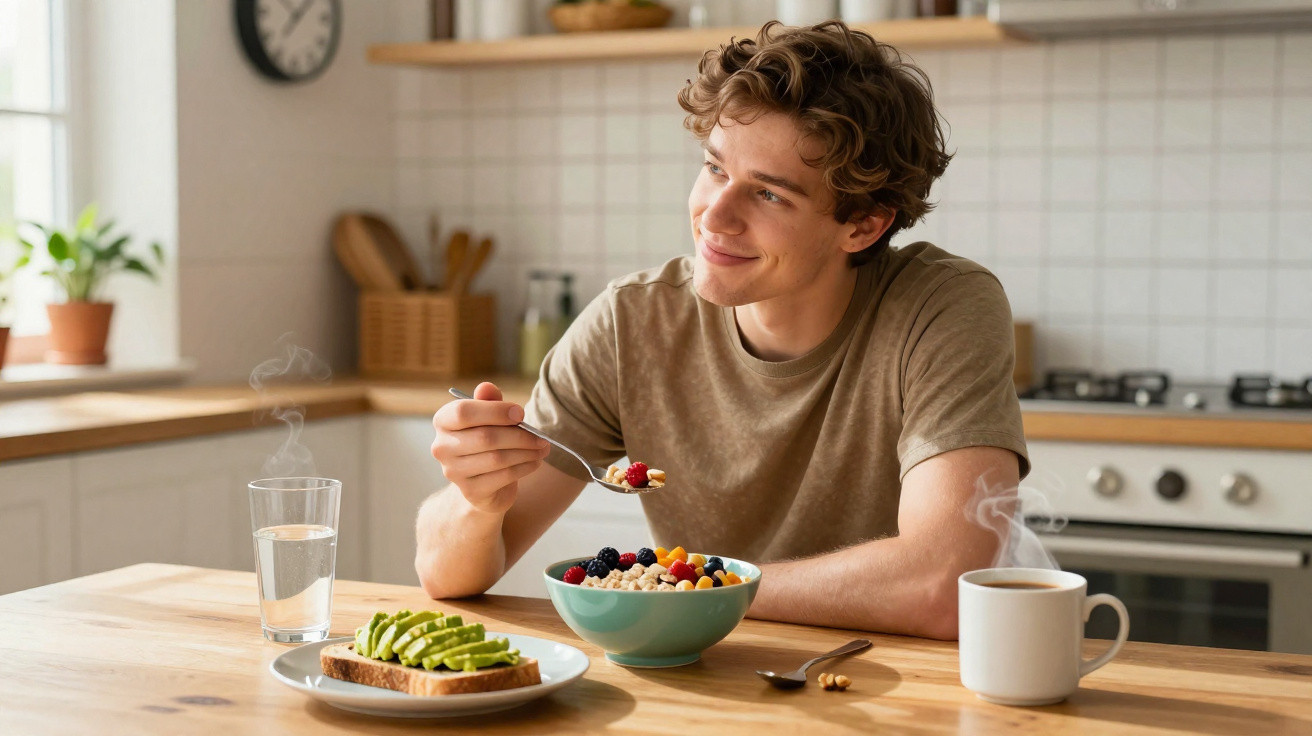 Homem jovem a sorrir enquanto come café da manhã com taça de frutas, torrada de abacate e bebida quente na cozinha.