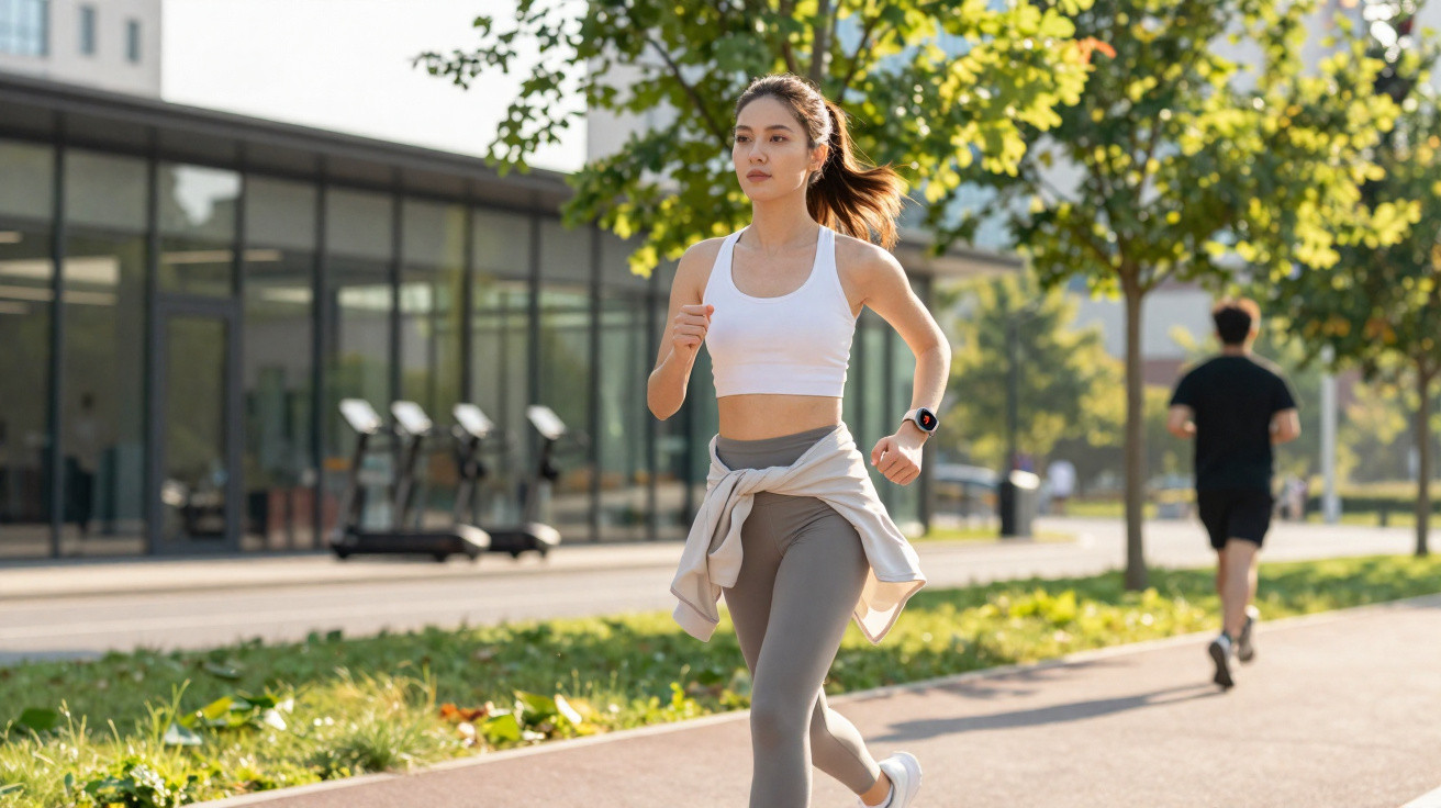 Mulher a correr ao ar livre num parque urbano, vestindo roupa desportiva e relógio inteligente.