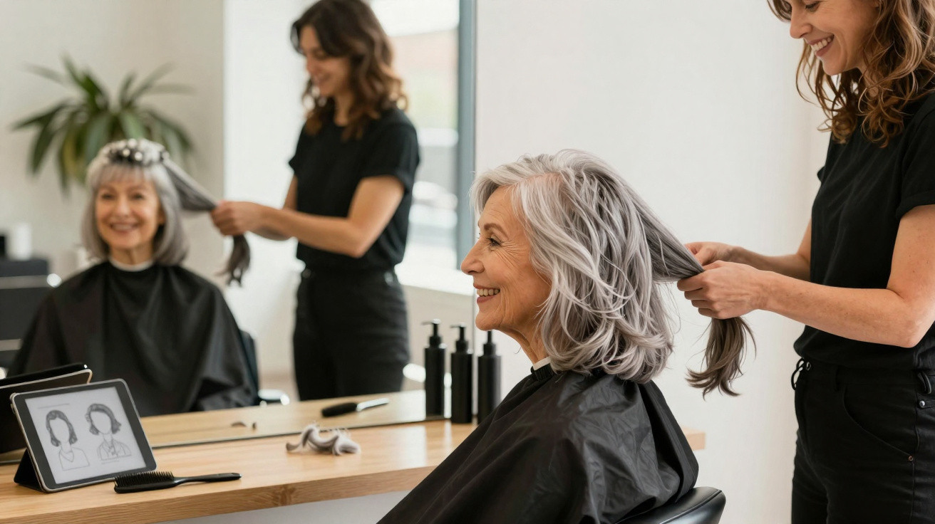 Idosa sorridente sentada no cabeleireiro enquanto profissional prende o seu cabelo grisalho.
