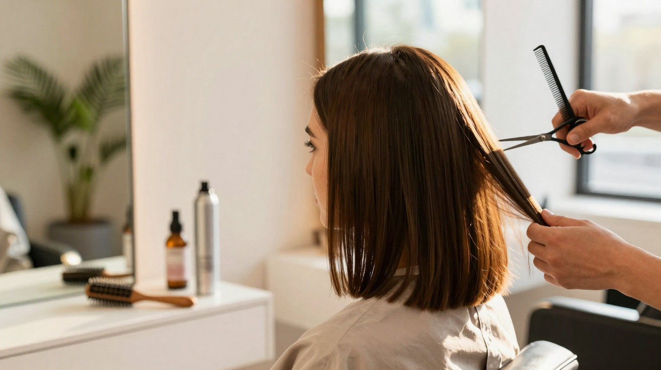 Mulher com cabelo castanho a receber corte de cabelo num salão de beleza, vista lateral.
